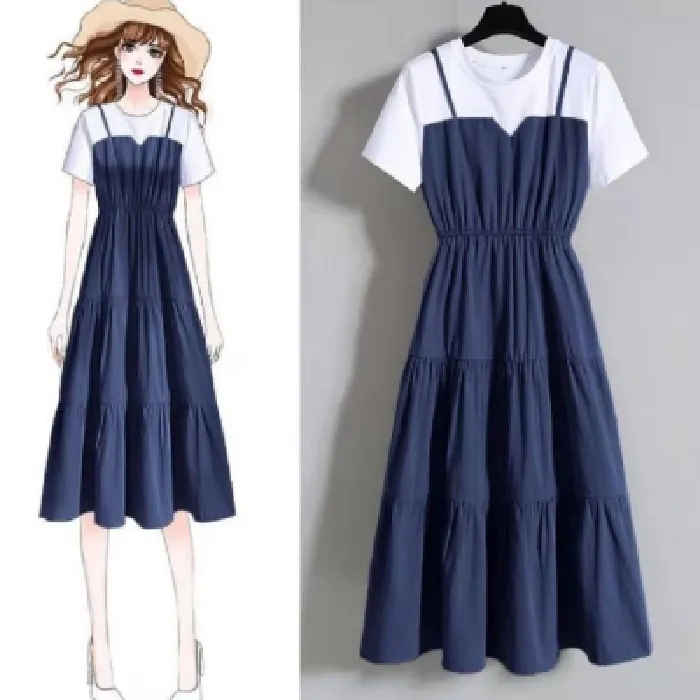 Summer Women's Fake Two-Piece Long Ruffled Short-Sleeved Dress