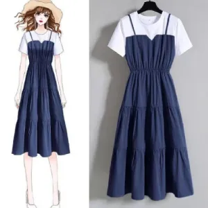 Summer Women's Fake Two-Piece Long Ruffled Short-Sleeved Dress