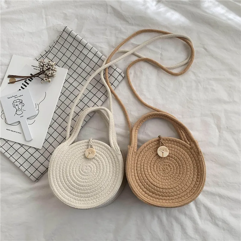 Women Fashion Round Cotton Rope Woven Small Cake Crossbody Bag