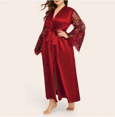 Women Plus Size Sexy Lingerie Nightdress Long Sleeves Satin Bathrobe Solid Color
