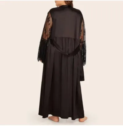 Women Plus Size Sexy Lingerie Nightdress Long Sleeves Satin Bathrobe Solid Color