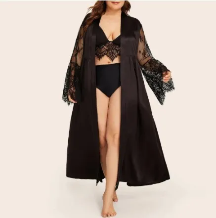 Women Plus Size Sexy Lingerie Nightdress Long Sleeves Satin Bathrobe Solid Color