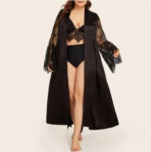 Women Plus Size Sexy Lingerie Nightdress Long Sleeves Satin Bathrobe Solid Color