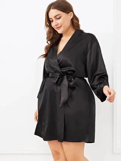 Women Plus Size Sexy Lingerie Nightdress Long Sleeves Bathrobe Solid Color