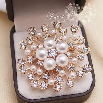 Women Fashion Pearl Snowflake Flower Rhinestone Brooch