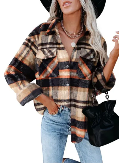 Women Autumn Winter Plaid Color Blocking Single Breasted Shacket