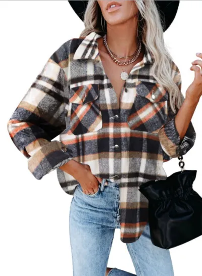 Women Autumn Winter Plaid Color Blocking Single Breasted Shacket