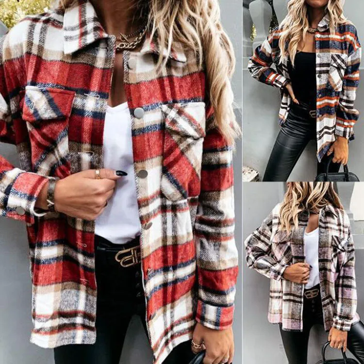 Women Autumn Winter Plaid Color Blocking Single Breasted Shacket