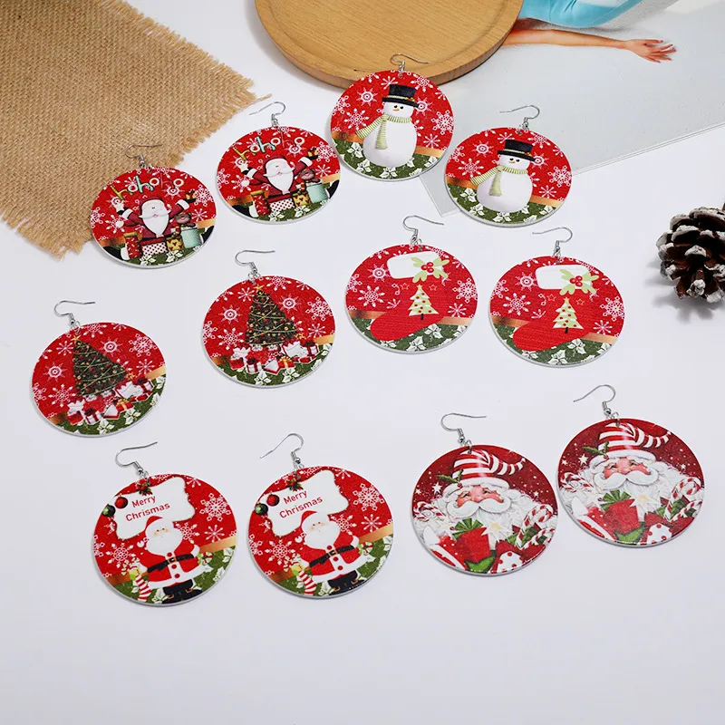 Wholesale Christmas Creative Wood Santa Claus Snowman Printed Earrings