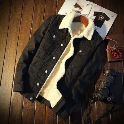 Men Autumn And Winter Lapel Long Sleeve Single Breasted Loose Solid Color Thicken Denim Jacket