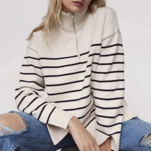 Women Autumn Winter Half Zipper Half Turtleneck Loose Stripe Knitted Pullover Sweater