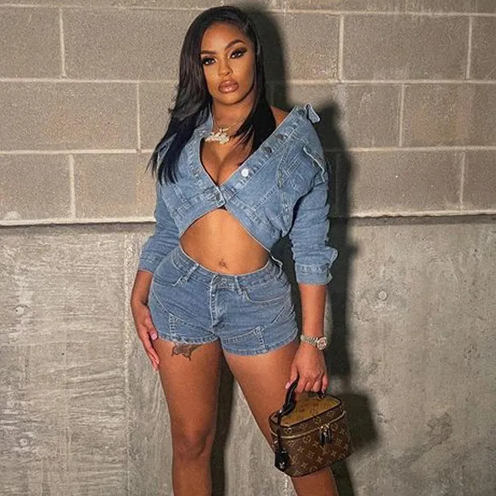 Women's Denim Two Piece Set - Solid Color Long Sleeve Top and Shorts Casual Outfit