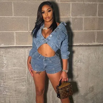 Women's Denim Two Piece Set - Solid Color Long Sleeve Top and Shorts Casual Outfit