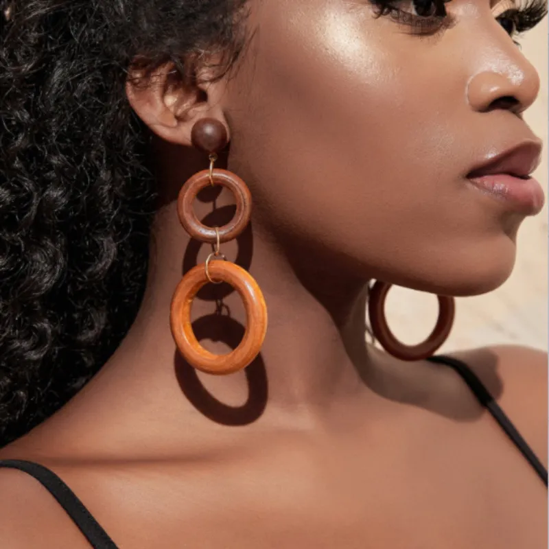 Wholesale Women Retro Geometric Round Shape Colorblock Wood Earrings