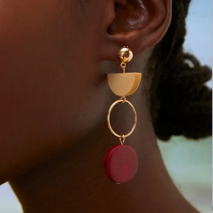 Wholesale Women Ethnic Geometric Stitching Wood Earrings