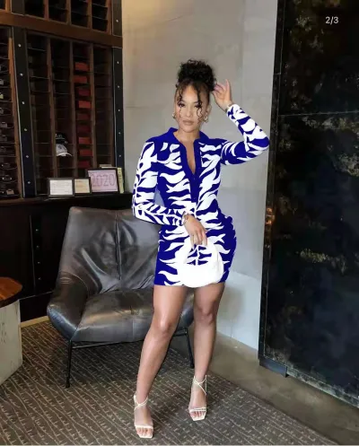 Women Fashion Autumn Winter Lapel Breasted Print Dress