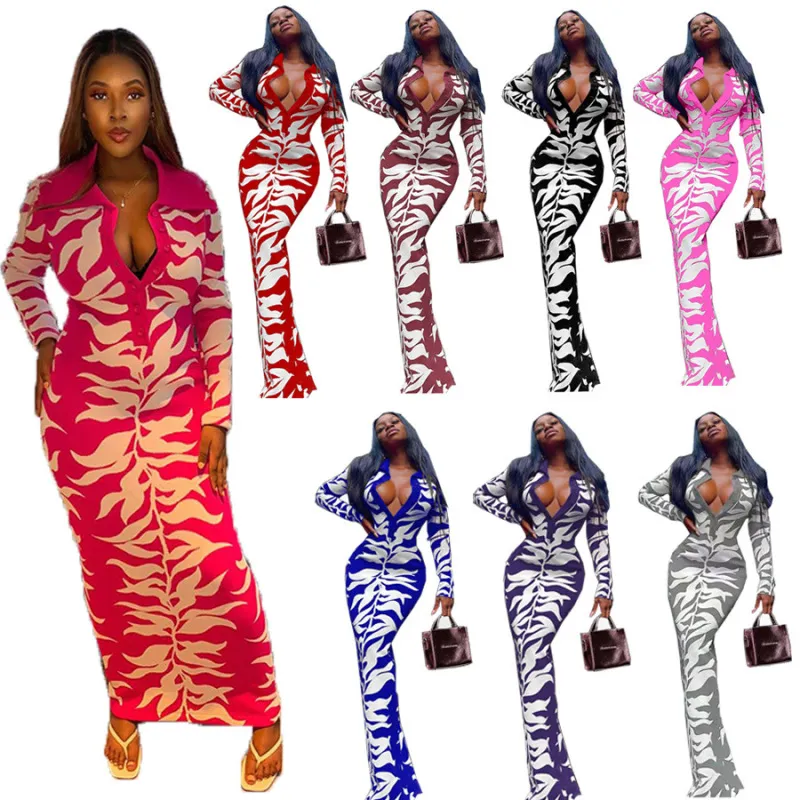 Women Fashion Autumn Winter Lapel Breasted Print Dress