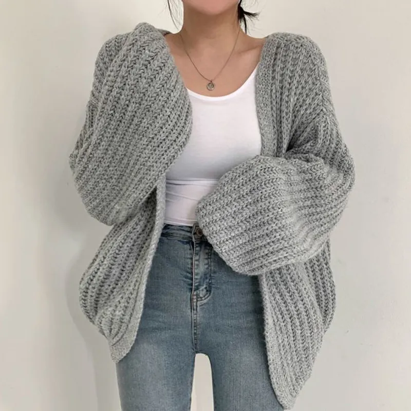 Women Autumn V-Neck Loose Casual Solid Color Long Lantern Sleeve Knitted Cardigan