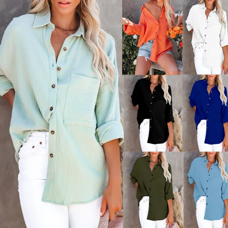 Women's Casual Long Sleeve V-Neck Button Cotton Linen Blouse
