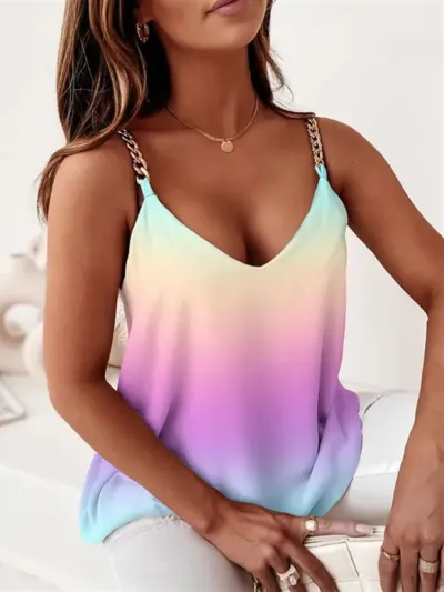 Women Summer Sleeveless Chain Strap Loose Tie-Dye Camis Tank Top