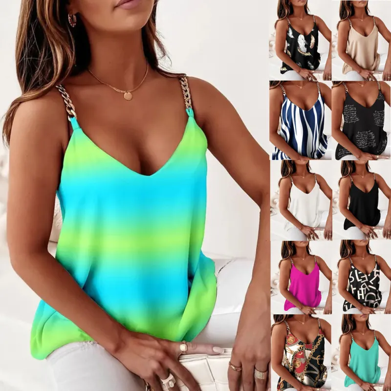 Women Summer Sleeveless Chain Strap Loose Tie-Dye Camis Tank Top