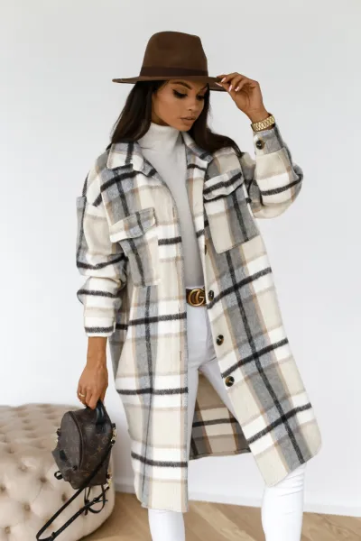 Women Winter Long Sleeve Buttoned Lapel Casual Warm Plaid Over Coat