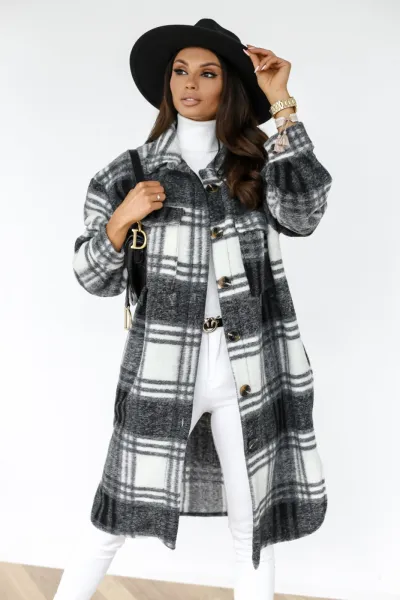 Women Winter Long Sleeve Buttoned Lapel Casual Warm Plaid Over Coat