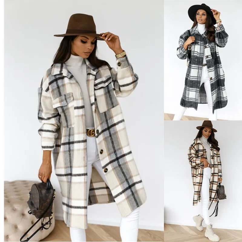 Women Winter Long Sleeve Buttoned Lapel Casual Warm Plaid Over Coat