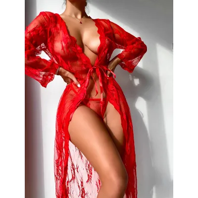 Women Mesh See-through Sexy Lace Nightrobe Panties Sleepwear Set