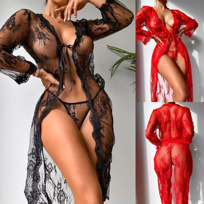 Women Mesh See-through Sexy Lace Nightrobe Panties Sleepwear Set