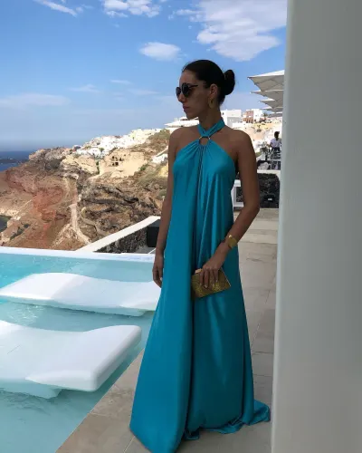 Summer Elegant Women Solid Color Satin Halter Neck Large Swing Maxi Vacation Dress