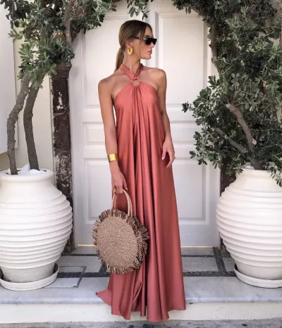 Summer Elegant Women Solid Color Satin Halter Neck Large Swing Maxi Vacation Dress