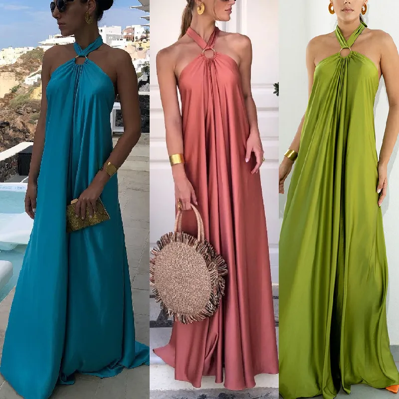 Summer Elegant Women Solid Color Satin Halter Neck Large Swing Maxi Vacation Dress