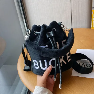 Women Fashion Plush English Letter Bucket Handbag Drawstring