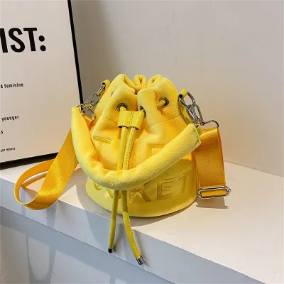 Women Fashion Plush English Letter Bucket Handbag Drawstring