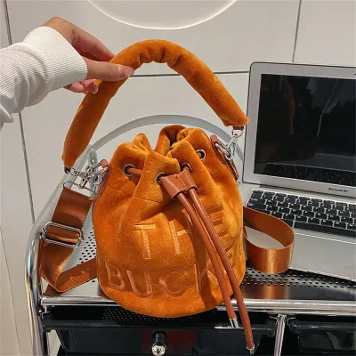 Women Fashion Plush English Letter Bucket Handbag Drawstring