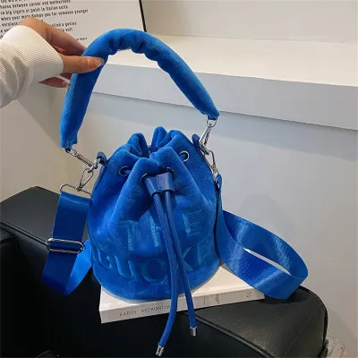 Women Fashion Plush English Letter Bucket Handbag Drawstring