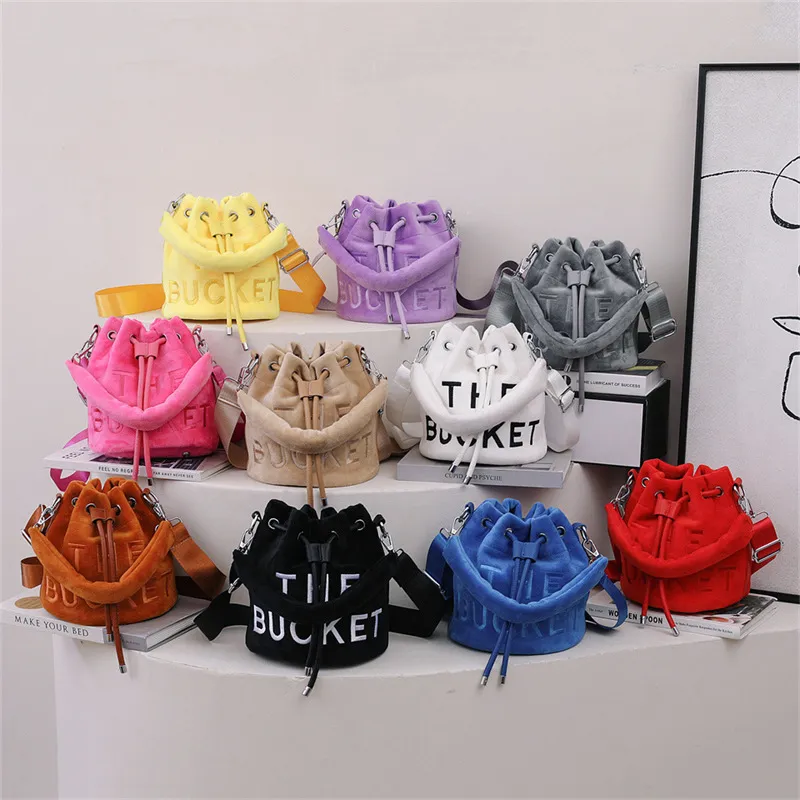 Women Fashion Plush English Letter Bucket Handbag Drawstring