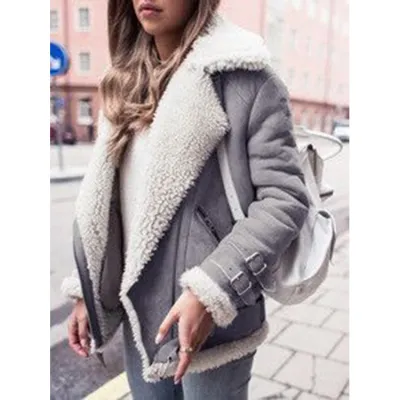 Motorcycle Suede Fleece Women Lapel Fur Plush Winter Coat