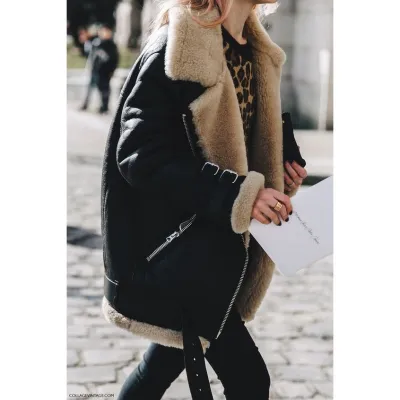 Motorcycle Suede Fleece Women Lapel Fur Plush Winter Coat