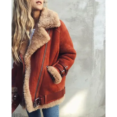 Motorcycle Suede Fleece Women Lapel Fur Plush Winter Coat
