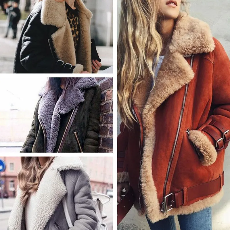 Motorcycle Suede Fleece Women Lapel Fur Plush Winter Coat