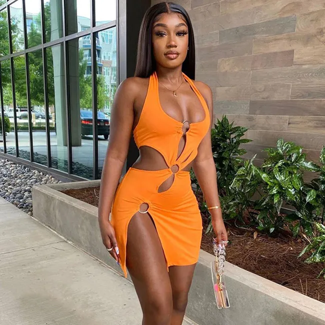 Women Nightclub Sexy Sleeveless Hollow Halter Neck Side-slit Mini Dress