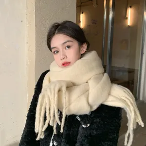 Women Autumn And Winter Solid Color Extended Warm Imitation Cashmere Fringed Scarf