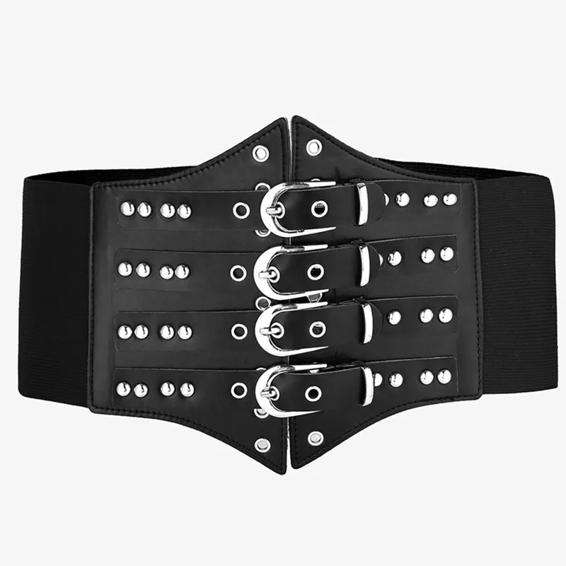 Women Fashion Multiple Metal Buckle Elastic Wide Corset Belt