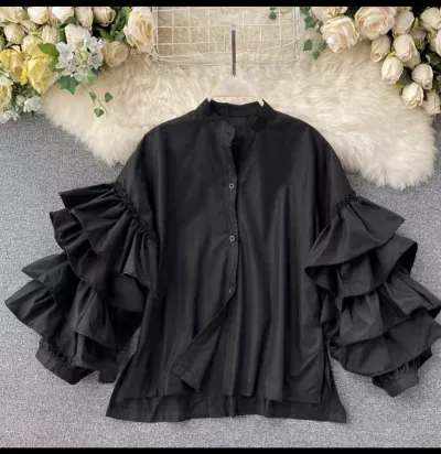 Fashionable Women Multi-Layer Ruffled Flare Sleeve Single-breasted Solid Blouse