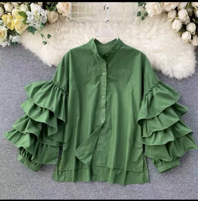 Fashionable Women Multi-Layer Ruffled Flare Sleeve Single-breasted Solid Blouse