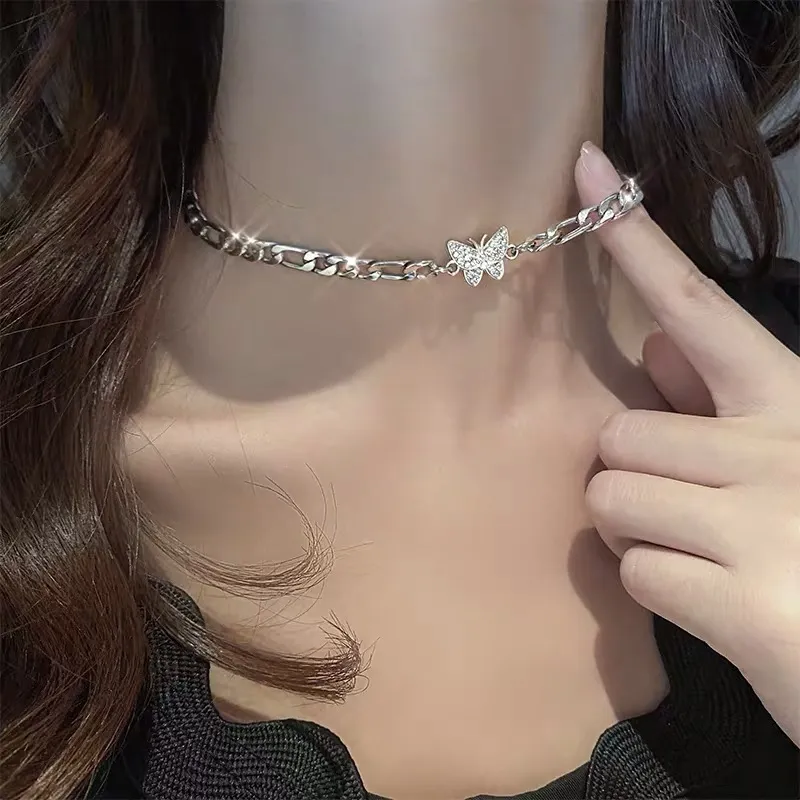 Wholesale Women Fashion Butterfly Rhinestone Titanium Steel Choker Necklace