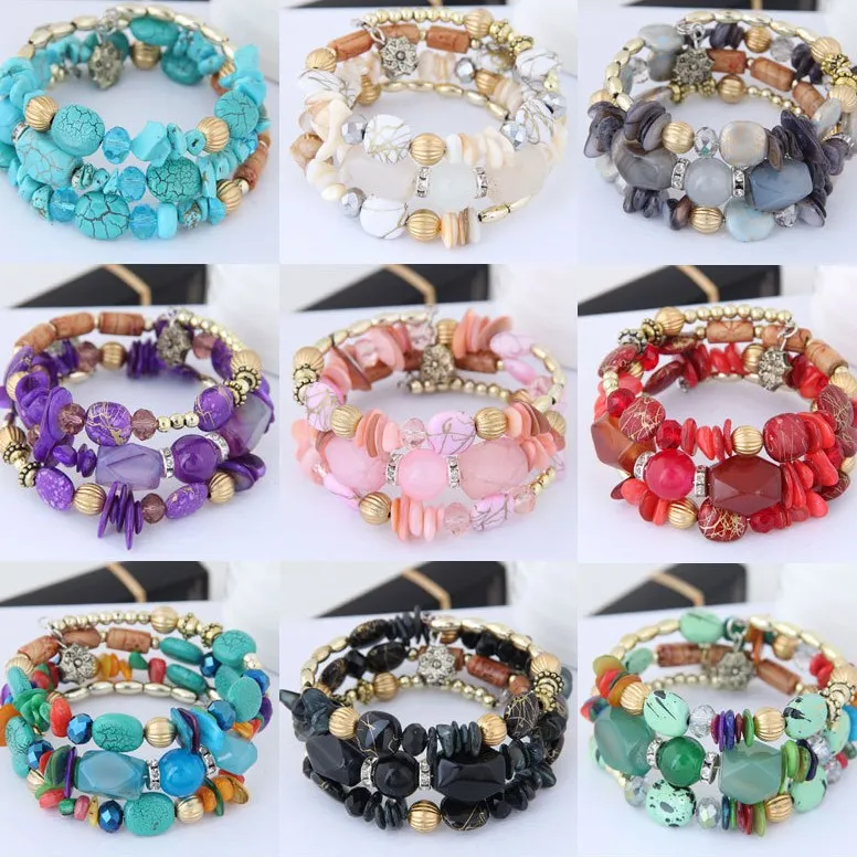 Wholesale Women Retro Turquoise Agate Beaded Multilayer Winding Bracelet Set