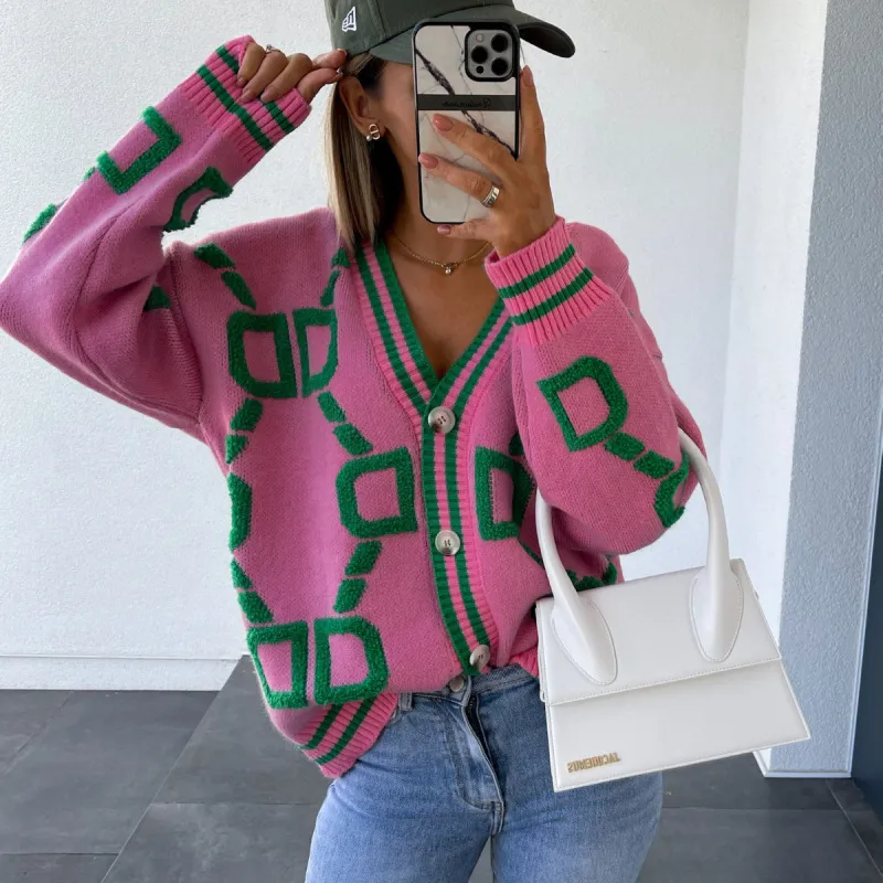 Women Fashion Embroidered V-Neck Knit Cardigan